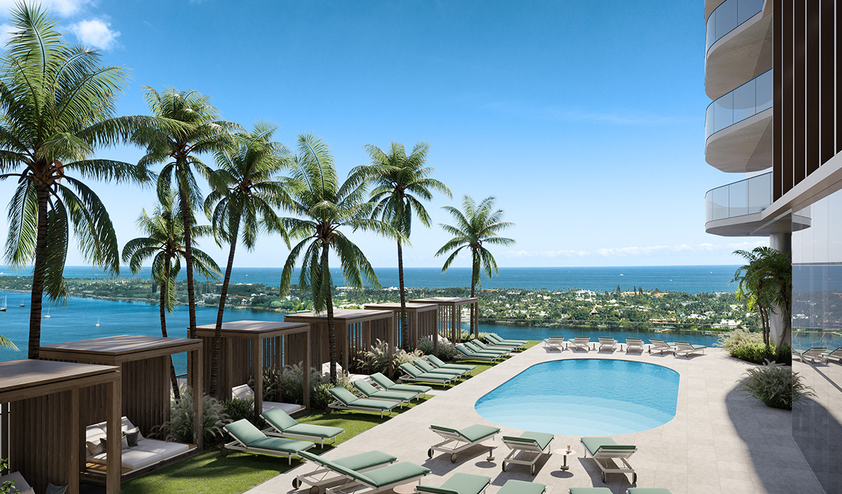 Aerial drone view of Olara Residences' luxury pool and private cabanas, showcasing waterfront relaxation in West Palm Beach.