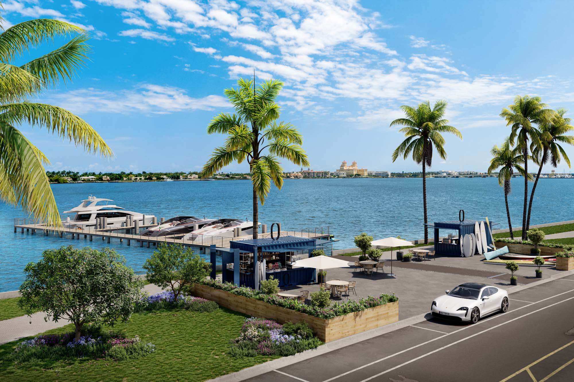 Front view of Olara Residences' private marina, showcasing luxury waterfront living in West Palm Beach.