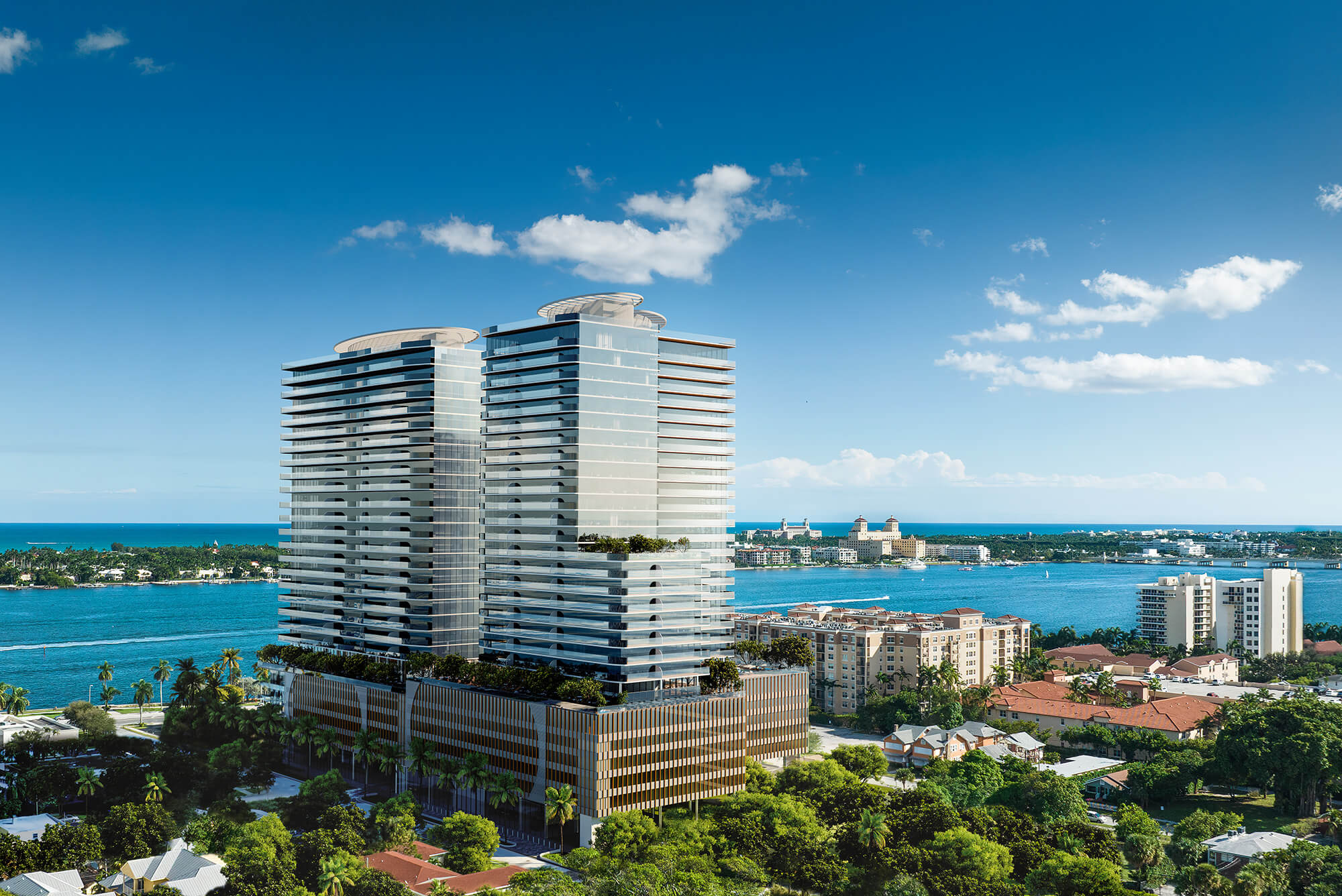 East-facing exterior view of Olara Residences showcasing modern architecture and waterfront setting.