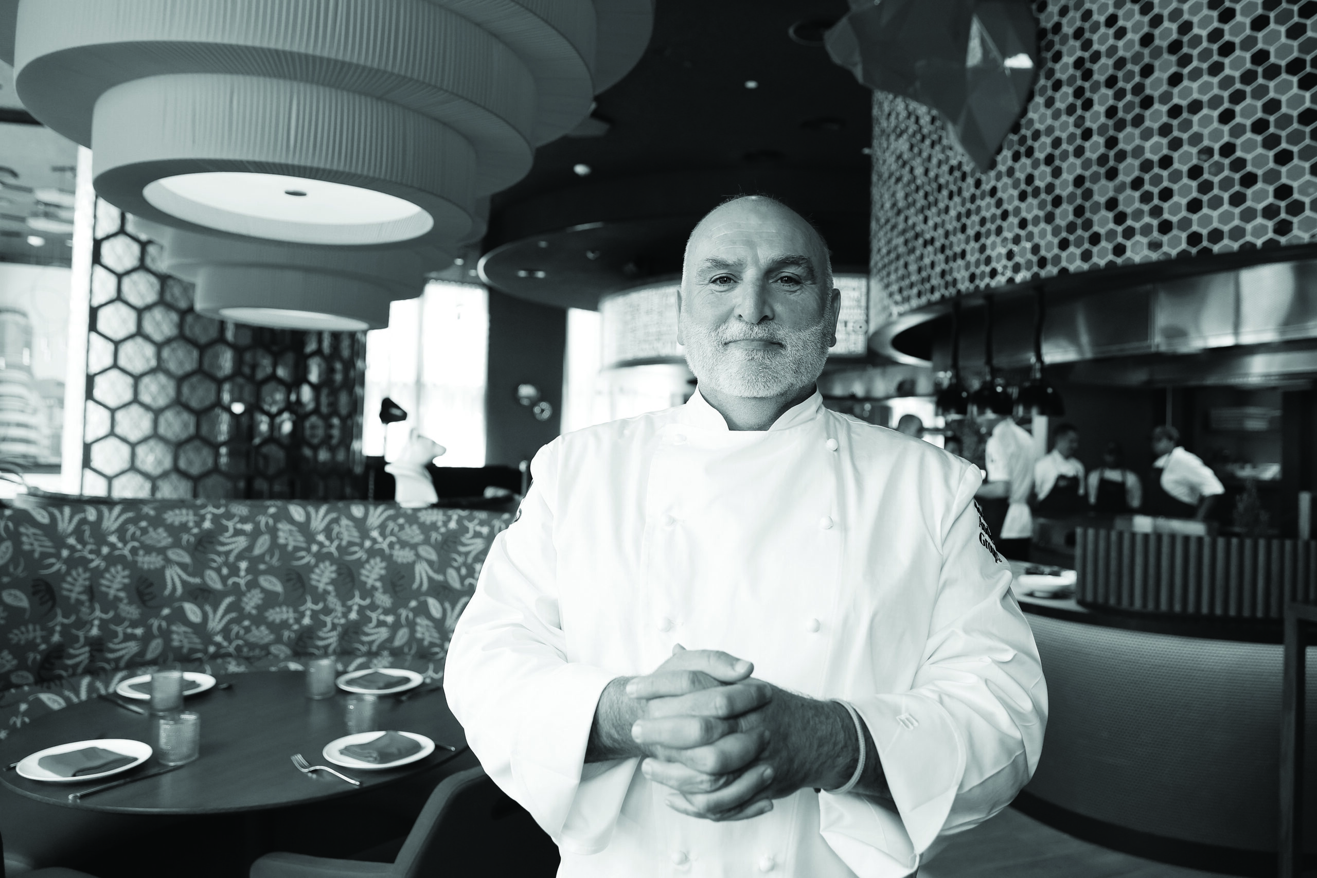 Black and white portrait of Chef José Andrés, highlighting his connection to Olara Residences.