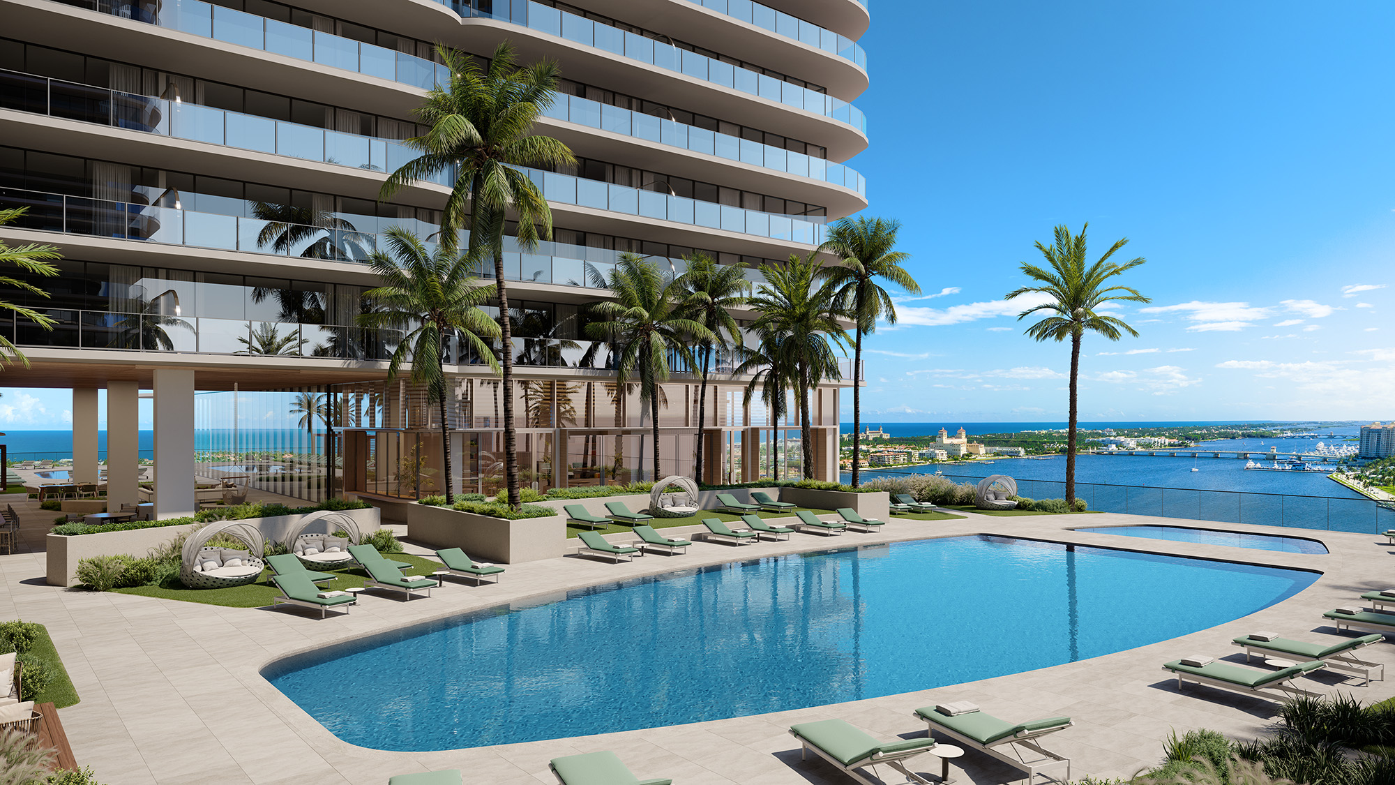 Stunning view from the pool at Olara Residences overlooking the ocean and waterfront horizon.