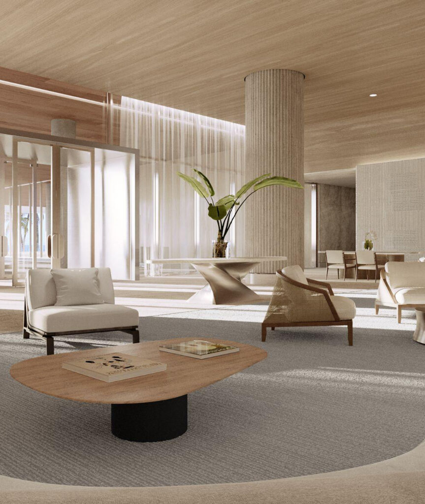 Elegant modern residential lobby with warm wood ceilings, sculptural furniture, soft seating areas, and floor-to-ceiling glass entry.