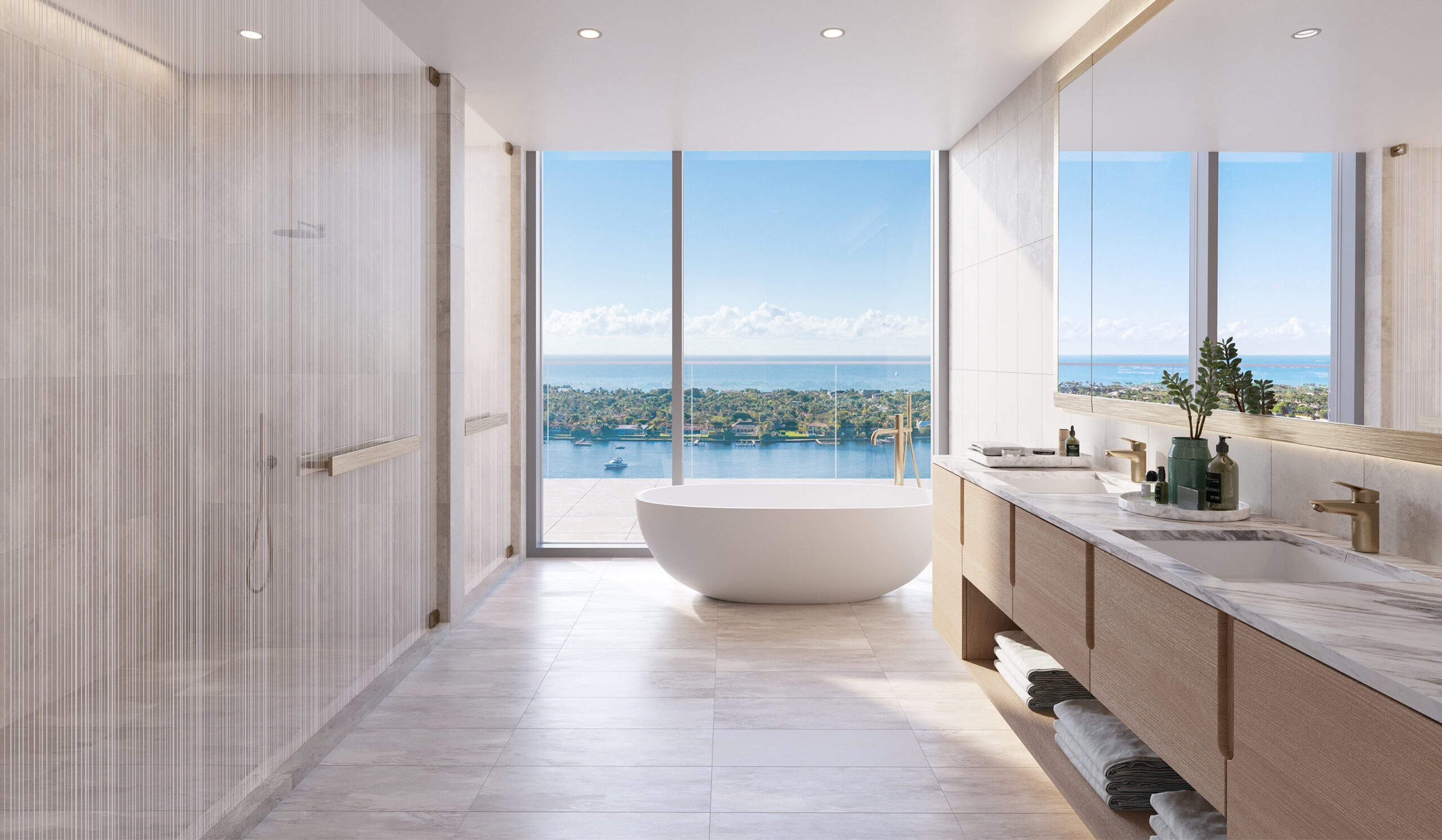 Luxury modern bathroom with a freestanding soaking tub, glass shower, marble double vanity, and floor-to-ceiling windows overlooking the water.