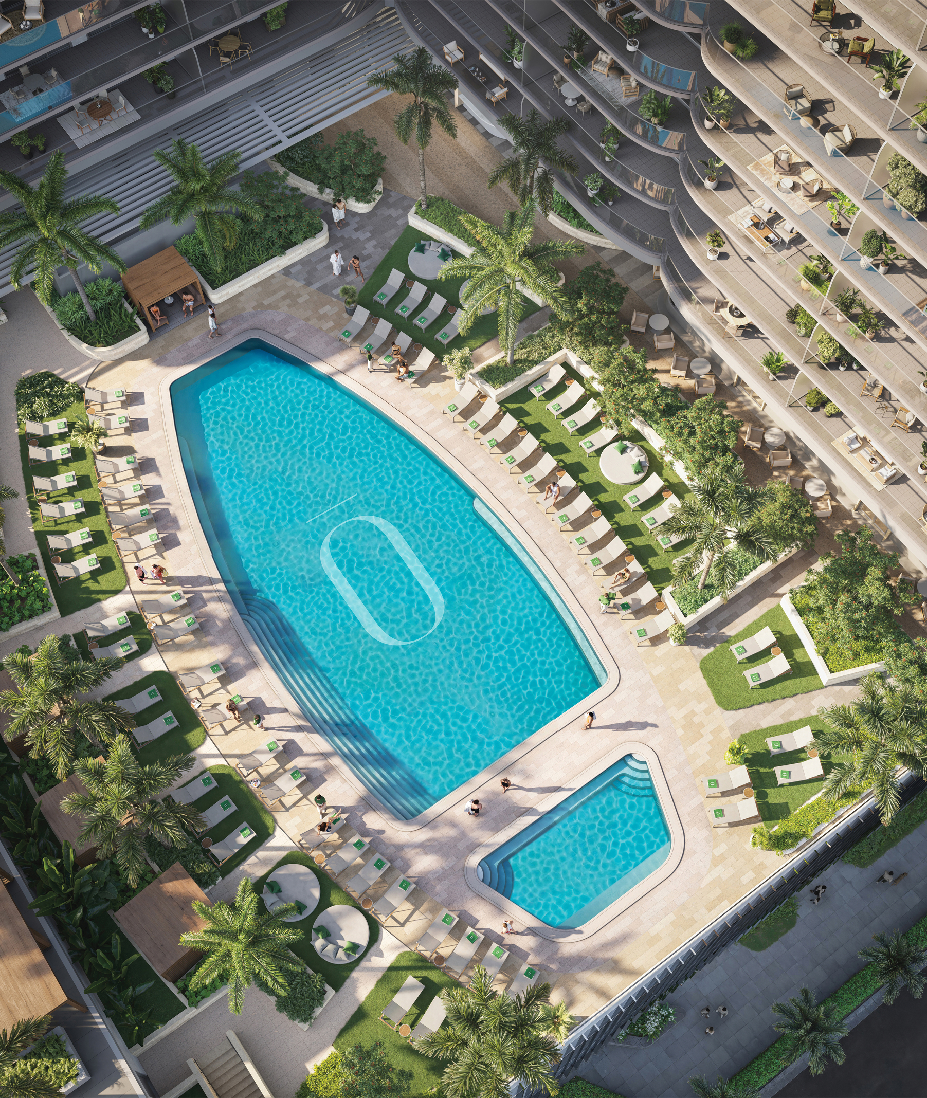 Aerial view of a landscaped residential amenity deck featuring a large central swimming pool, smaller spa pool, lounge chairs, palm trees, and surrounding apartment balconies.
